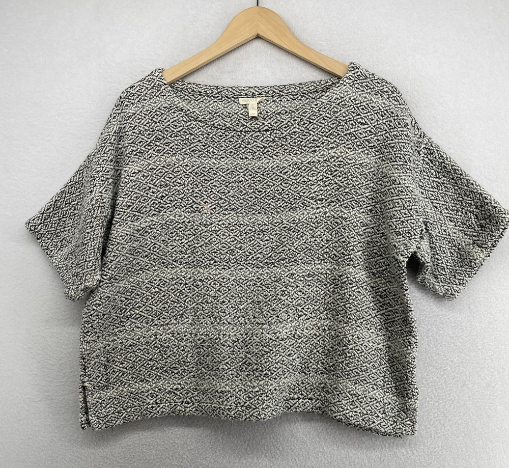 EILEEN FISHER Top M Organic Cotton Southwestern Jacquard Tweed Boxy Black White